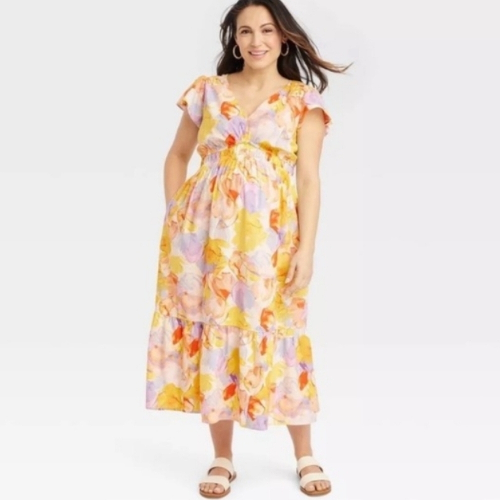 Floral Cotton Blend Dress Yellow Blue Orange Watercolor Ruffle Size XXL